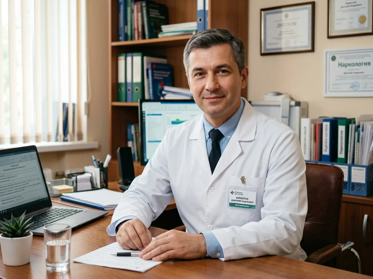 Врач-нарколог Кириллов Дмитрий Андреевич, мужчина около 45 лет в белом халате, спокойный профессиональный портрет в клинике