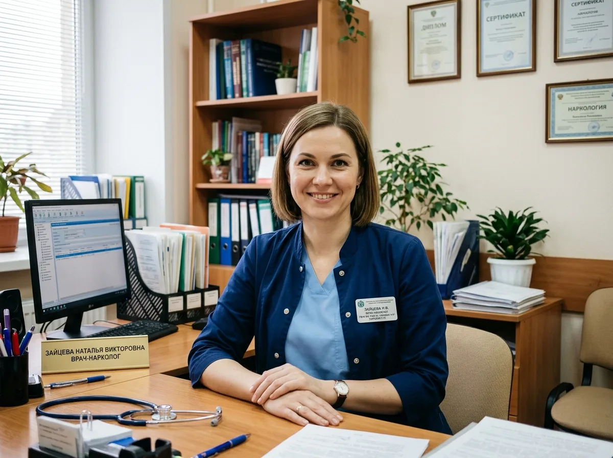 Врач-нарколог Зайцева Наталья Викторовна, женщина около 38 лет в медицинской форме, профессиональный портрет в кабинете врача